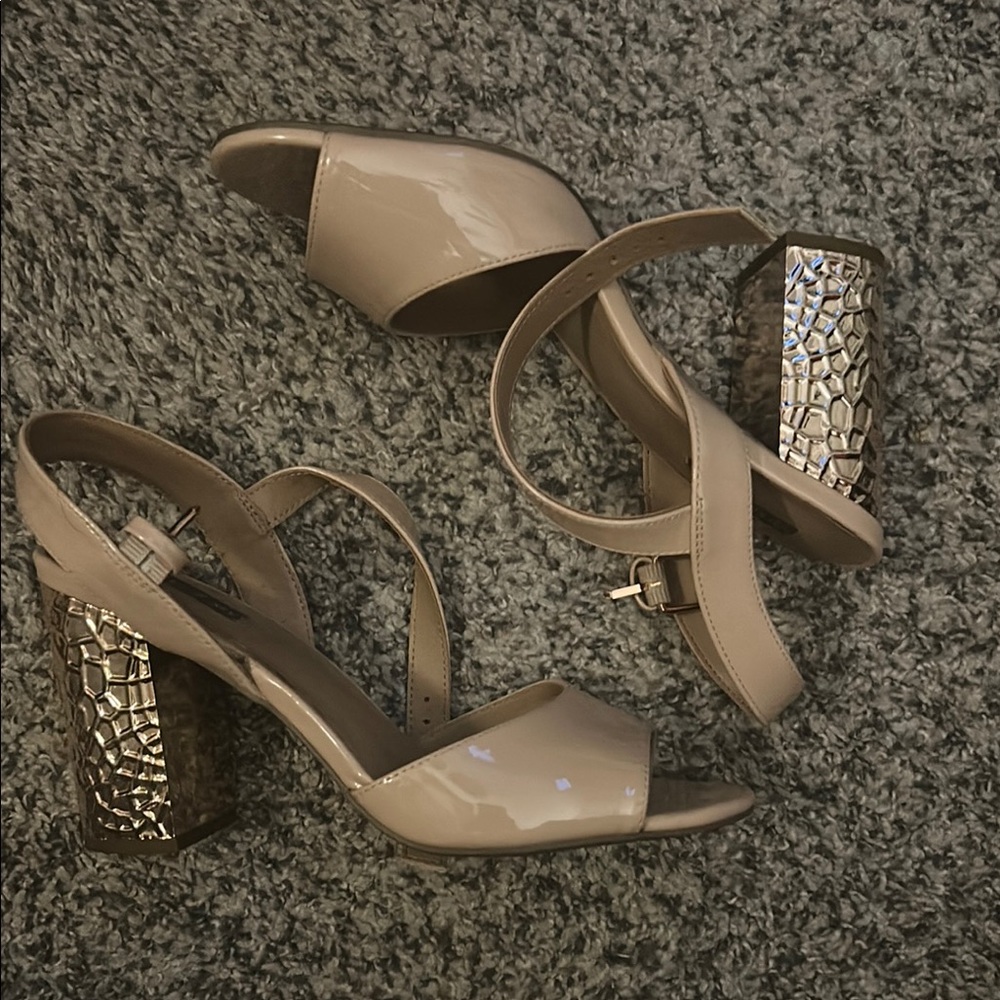 Dolce Vita Cream and Rose Gold Strappy Heels with Block Heel